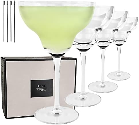 PURE Margarita Glasses Set of 4, 12 oz Modern Bar Glass for Martini, Frozen Daiquiri, Tropical Summer Parties - Classic Coupe Cocktail Drinkware, Great Gift for Mixologists, Hand Blown Crystal