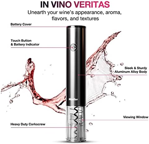 Mueller Electric Wine Opener Set - Rechargeable Batteries and USB Charging Cable - Electric Corkscrew Opener with Foil Cutter, Wine Pourer, Vacuum Stopper (Batteries Included), Valentines Day Gift