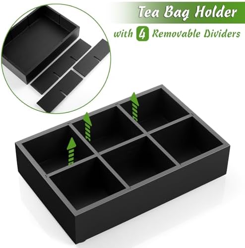 Tea Bag Organizer, Tea Bag Drawer Organizer, Wooden Tea Bag Holder, Tea Chest with 6 Compartments, Tea Organizer Storage Box, Tea Caddy for Tea Bags Organizer, Black