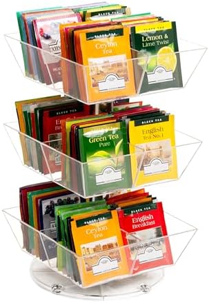 Tea Bag Carousel, 3 Tier Clear Acrylic Organizer with 12 Compartments, 360° Rotating Tea Station for Countertop Storage