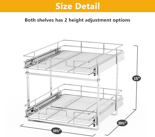Slide Out Cabinet Organizer for Kitchen, 2 Tier Pull Out Shelves Sliding Cabinet Organizer and Storage, Chrome (16.5" W x 20.5" D)