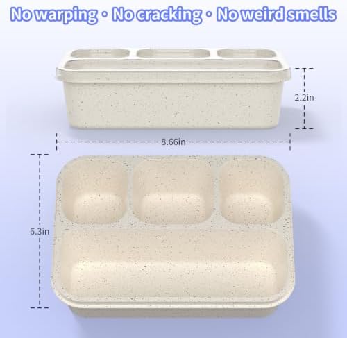 Bento Box 5-Pack, 4-Compartment Lunch Box for Women, Men & Kids, BPA-Free Wheat Straw Snack Containers, Ideal for Meal Prep, Travel, School, Work (White)