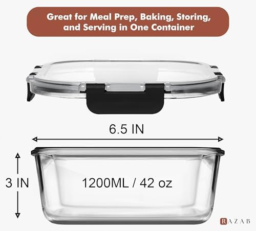 2 PC 1200ML / 41 Oz Glass Food Storage Containers with Lids - Airtight & Leakproof - Microwave/Oven/Freezer Safe - BPA Free - Ideal for Meal Prep, Storing Leftover & Lunch