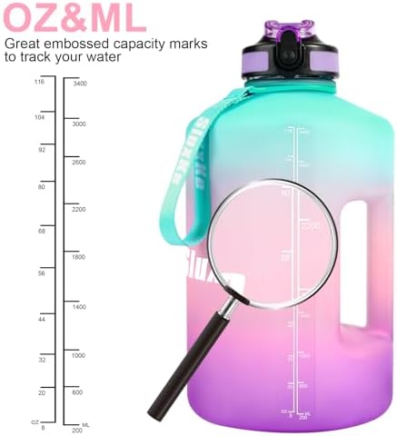 1 Gallon Water Bottle with Time Marker and Straw, BPA Free 128oz Leak Proof Motivational Large Water Bottle Jug with Handle, Pop Up Open Sports Big Bottle Jug with Comfortable Silicone Nozzle