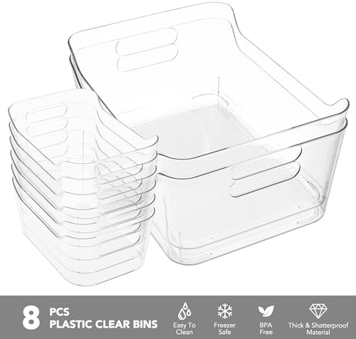 Set of 8 Clear Plastic Storage Bins, 2 Extra Large and 6 Small Storage Containers for Pantry Organization, Multi-Use Organizer Bins for Home, Kitchen, Cabinet, Bathroom, Fridge & Freezer