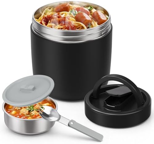 Thermo for Hot Food Adults, 40.5oz Wide Mouth Soup Thermo Lunch Containers with Spoon, Stainless Steel Vacuum Insulated Bento Lunch Box,Lunch Containers with Handle(Black)