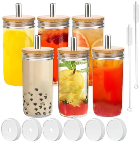 6 Pack Glass Cups with Lids and Straws, 24 oz Mason Jar Smoothie Cup Aesthetic Cute Glass Tumbler Coffee Beer Can Cups Boba Cup for Bubble Tea, Juice, Gift