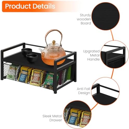 Wood Tea Bag Organizer, Teabag Holder with Drawer, Tea Organizers and Storage Box, 8 Compartments Tea Caddy Station Chests Display Container for Counter Kitchen, Black