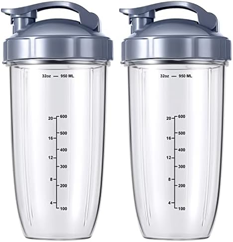MEET JUICE 2-Pack 32oz Replacement Cups with Flip-Top To-Go Lids & Gaskets (4-Inch Diameter) ;Compatible with NutriBullet 600W/900W Series;NOT for Magic Bullet,Lean, RX - Image 2