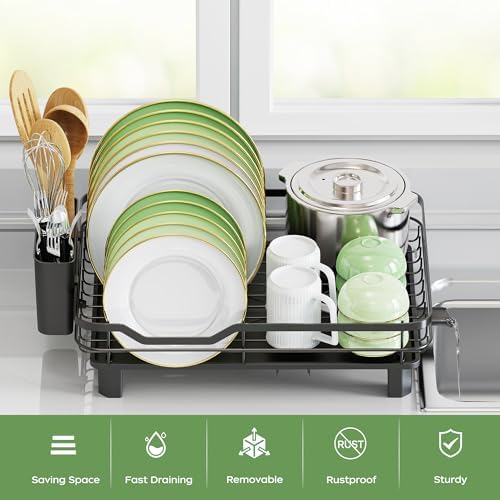 Dish Drying Rack, Stainless Steel Rustproof Dish Rack for Kitchen Counter, Sturdy Dish Drainer with Drainboard, Drainage, Utensil Holder for Various Kitchenware, 16.2"(L) x 12.6"(W), Black