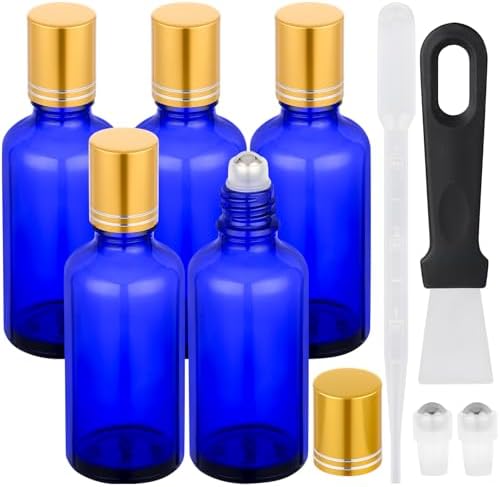 Segbeauty 1.7oz Thick Glass Refillable Roller Ball Applicator for Oil, 5pcs Blue Perfume Roller Bottles for Essential Oils, 50ml Empty Roll On Bottle for Eye Essence, Glass Perfume Rollerball Bottles by Segbeauty