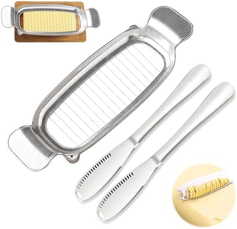 Stainless Steel Butter Slicer Cutter with 2 Butter Knives – Hand Held Ergonomic Butter Cutter for Stick Butter & Soft Cheese, 3 in 1 Easy Butter Spreader Knife for Cold Butter Slicing & Spreading by Silbingan