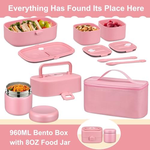 Bento Lunch Box with 8oz Soup Thermo, Kids Sustainable Bento Box Leakproof Lunch Food Containers with Lunch Bag, Kids Thermo Insulated Hot Food Jar for School, Trvael (Pink)