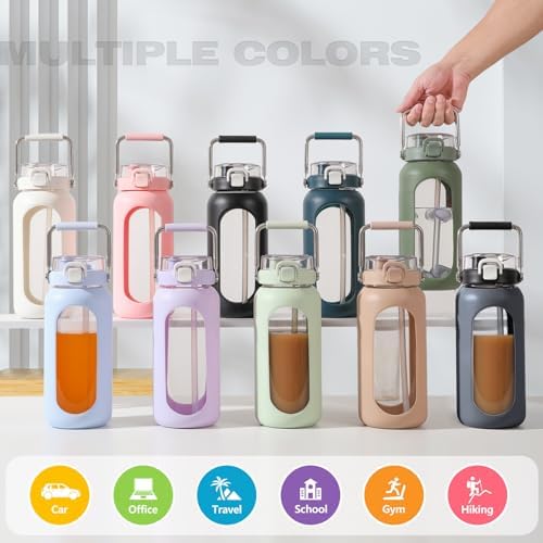 64oz Water Bottle Glass with Stainless Steel Handle Large Water Bottle with Time Markers and Silicone Sleeve Half Gallon Water Jug BPA Free for Gym Daily Use, Amber