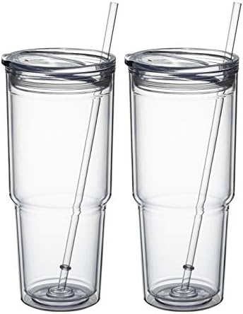 30oz/2 pcs Classic Insulated Tumblers,Double Wall Acrylic Tumbler with Lid，Reusable Plastic Insulated Tumblers with Straw，for cold drinks, sand ice, whatever you like(transparent,2 pack)
