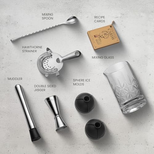 Commercial Grade Bar Mixing Glass – Includes 24oz Crystal Stirring Glass, Japanese Jigger, Bar Spoon, Muddler, and Hawthorne Strainer for Crafting Old Fashioned Cocktails at Home Bars