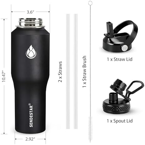 Water Bottle 32oz,2 Lids(Straw lid),Wide Mouth Stainless Steel Vacuum Insulated Double Wall Keep Liquids Cold or Hot All Day,Sweat Proof Sport Design,Fit Car Cup Holder(Black)