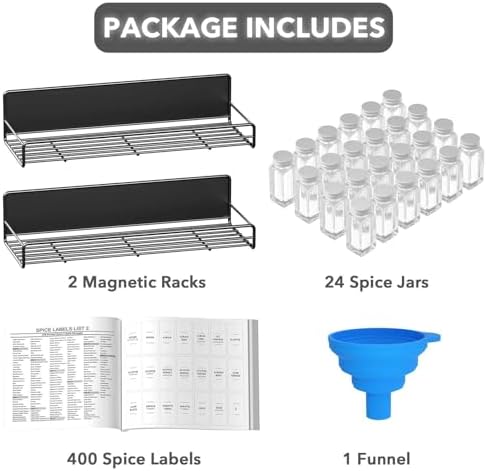 2 Pack Magnetic Spice Rack with 24 Spice Jars, 400 Labels and Funnel, Space Saving Refrigerator Fridge Oven Shelf Organizer