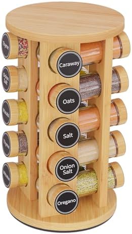 Revolving Spice Rack Set with 20 Spice Jars, Kitchen Spice Tower Organizer for Countertop or Cabinet - Carousel Storage Includes 386 Spice Labels (Bamboo)