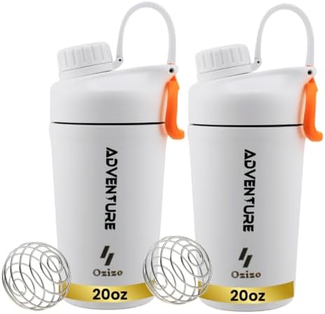 Ozizo 2 Pack Stainless Steel Insulated Protein Shaker Bottle, 20oz Leak Proof Shaker Cup for Protein Mixes with Wire Whisk Ball, White by Ozizo