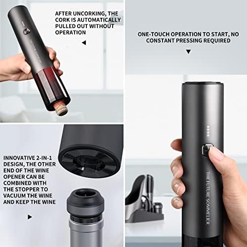 Rechargeable Electric Wine Bottle Opener Set 7-in-1 Aluminum Alloy Wine Gift Set with 2-in-1 Electric Corkscrew & Vacuum Pump, Foil Cutter, Wine Pourer, Charging Base and 2 Wine Stoppers