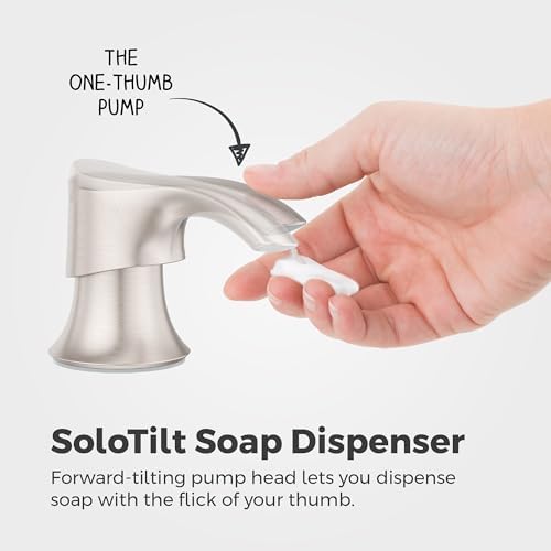 SoloTilt Kitchen Sink Soap Dispenser Counter-Mounted Stainless Steel Finish with Forward Tilting Thumb-Activated Pump Head and 16 oz Bottle for Dish Soap KSDKEMGS