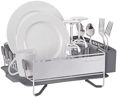 KitchenAid Compact Space Saving, Dish Rack with Removable Flatware Caddy and Angled Self Draining Drainboard, Satin Gray, 15-Inch-by-13.25-Inch