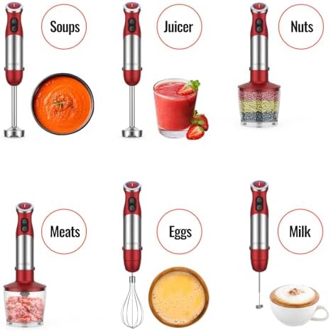 5-in-1 Hand Immersion Blender, 1000W 12 Speed Handheld Blender Stick with Copper Motor Stainless Steel Blade, 600ml Mixing Beaker,500ml Food Processor, Whisk, Milk Frother, Non-BPA, Red