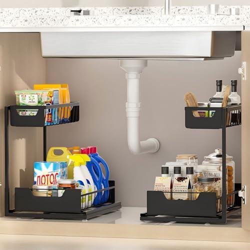 Under Kitchen Sink Organizers and Storage, Black, 2 Pack