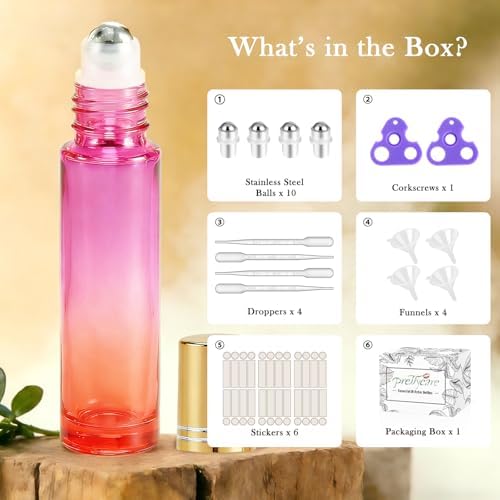 PrettyCare 24 Pack, 10 ml Essential Oil Roller Bottles with Stainless Steel Roller Ball - Refillable Leak-proof Empty Thick Red & Purple Glass Roll on Bottles with Golden Caps for Travel, Perfume - Image 2