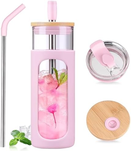 24oz Glass Tumbler with 2 Lids and Straws, Glass Cup With Bamboo Lid and On-the-go Lid, Reusable Iced Coffee Cup, Ideal for Smoothie, Cold Drinks, Fit Cup Holder, BPA Free (1, Pink)