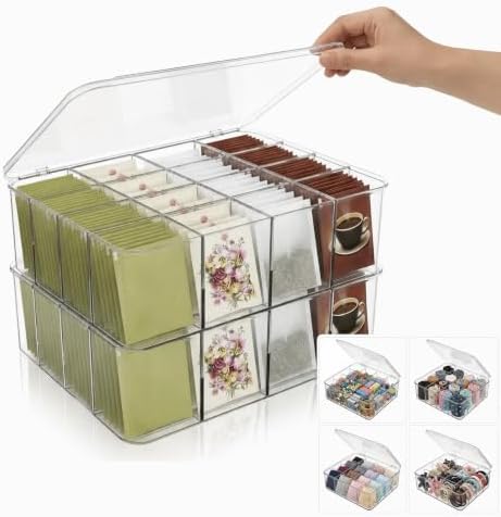 16 Compartment Acrylic Tea Bag Organizer with Lid (2 Pack)