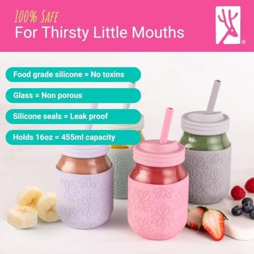 Kids/Toddler 16oz Glass Mason Jars + Sleeves + Lids | 4pk