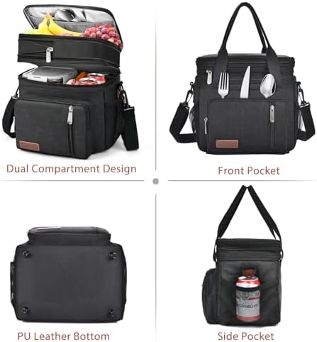 Lunch Box & Lunch Bag for Men & Women, Expandable Double-deck Expandable Large Insulated Cooler Lunch Bag with Shoulder Strap, Leakproof Durable Adult Lunch Box for Work, Picnic, 16L, Black