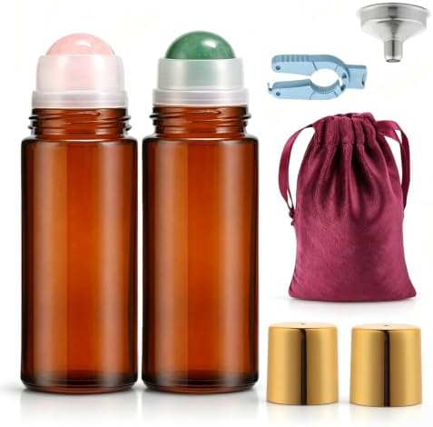 Roller Ball Applicator,Rose Quartz Roller Bottle,50ml Refillable Amber Glass Roll On Bottles with Natural Crystal Roller Balls,Leak-Proof Travel Perfume Bottle with Gold Caps (Pink+Green) by Unknown