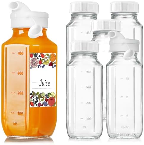 6 Pack 16 Oz Glass Juice Bottles with Lids,2 Pour Spouts & Scale Marks