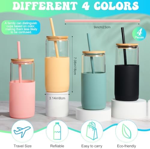 4 Pack 20 oz Glass Tumbler, Olive, Amber, Black, Pink