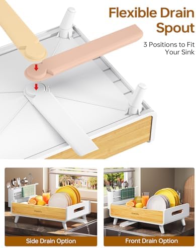 Bamboo Dish Drying Rack for Kitchen Counter, Stainless Steel,White
