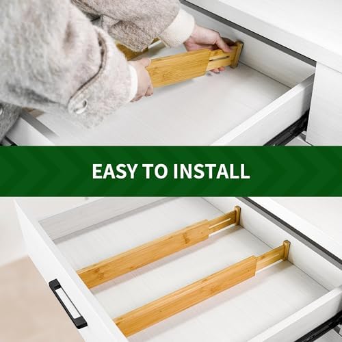 6-Pack Adjustable Bamboo Drawer Dividers, Expandable Drawer Organizer for Kitchen Utensils, Clothes, Bathroom, Office – Fits Drawer Interiors 16.6" to 21.8"