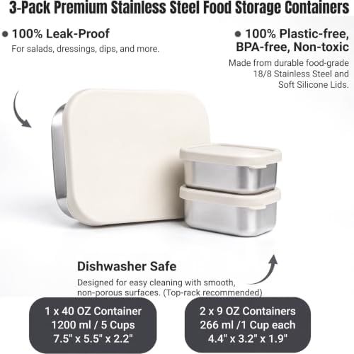 Flexibento Stainless steel Lunch Box Container Set, bento Box set (Vanilla, Medium set Of Three: 40 OZ + 2 * 9 OZ)