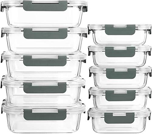 10 Pack Glass Food Storage Containers with Lids, Gray