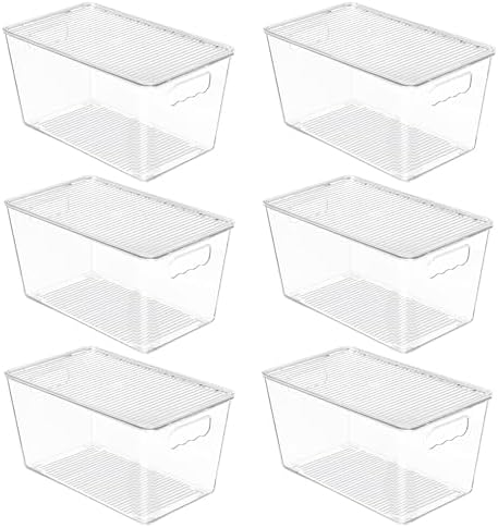 6 Pack Clear Stackable Storage Bins with Lids and Handles, Medium