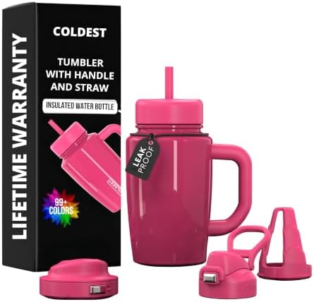 Coldest Tumbler with Handle & Coffee Lid - 100% Spill Proof Tumbler (3 Lids) - Stainless Steel Insulated Leakproof Tumblers for Women & Men - Cup Holder Friendly - 15 oz (Glossy Pink) by Coldest
