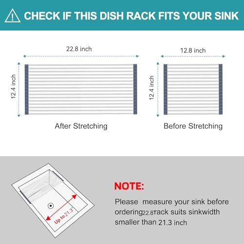 Extra Large Expandable Roll Up Dish Drying Rack,Over The Sink Drying Rack Sink Cover Kitchen Sink Accessories Kitchen Rolling up Stainless Steel Drainer, Foldable,Rollable（Gray，22.8''-12.4''）