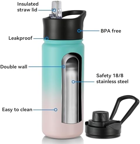 16 oz Insulated Water Bottle with Straw Lids, Stainless Steel Kids Water Bottles for School, Double Wall Vacuum Metal Water Bottle with Straw & Wide Mouth Lid, Bubble Gum 8 Pack