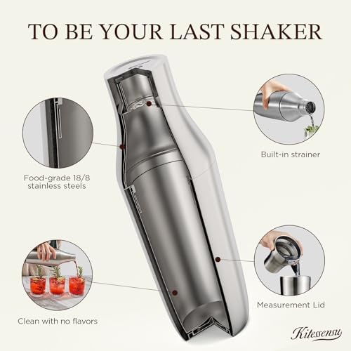 Hybrid Cocktail Shaker | Vacuum Insulated Stainless Steel Martini Shaker with Double Wall Martini Cup | Integrated Measuring System | Tumbler Lid & Cocktail Recipes Included | Silver