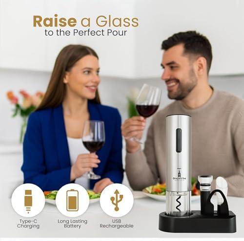 GrapeVibeEssentials 5-in-1 Electric Wine Opener gift Set – Rechargeable Automatic Wine Bottle Opener with Charging Base, Foil Cutter, Aerator Pourer & Vacuum Stoppers