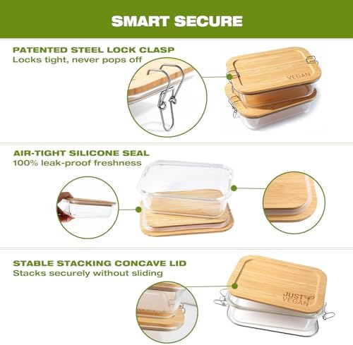 Airtight Glass Food Storage Containers with Bamboo Lids, Set of 2 Secure-Seal Containers for Meal Prep, 100% Leakproof, Plastic Free, Oven & Microwave Safe (2 Pack)