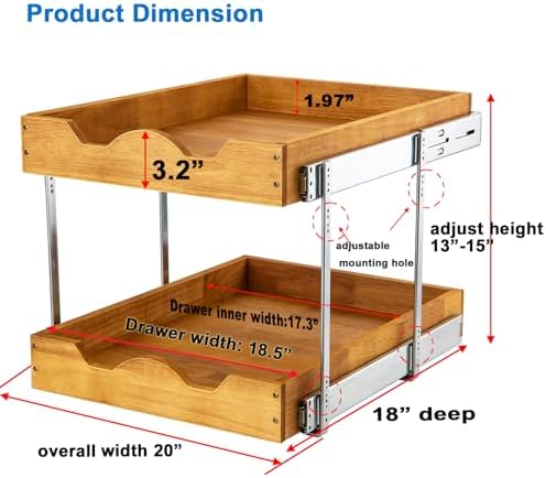 2 Tier Pull Out Cabinet Organizer (20" W x 18" D) Double Tier Slide Out Wood Drawer Under Cabinet Storage And Organization…