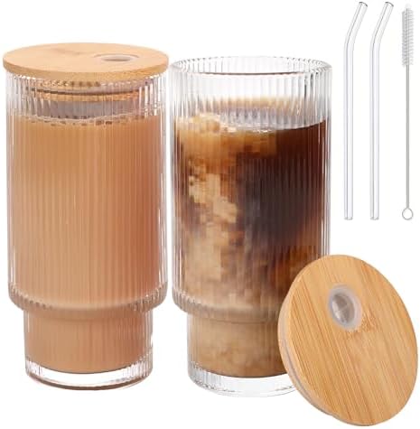 Glass Cups with Bamboo Lids and Straws - 16 oz Reusable